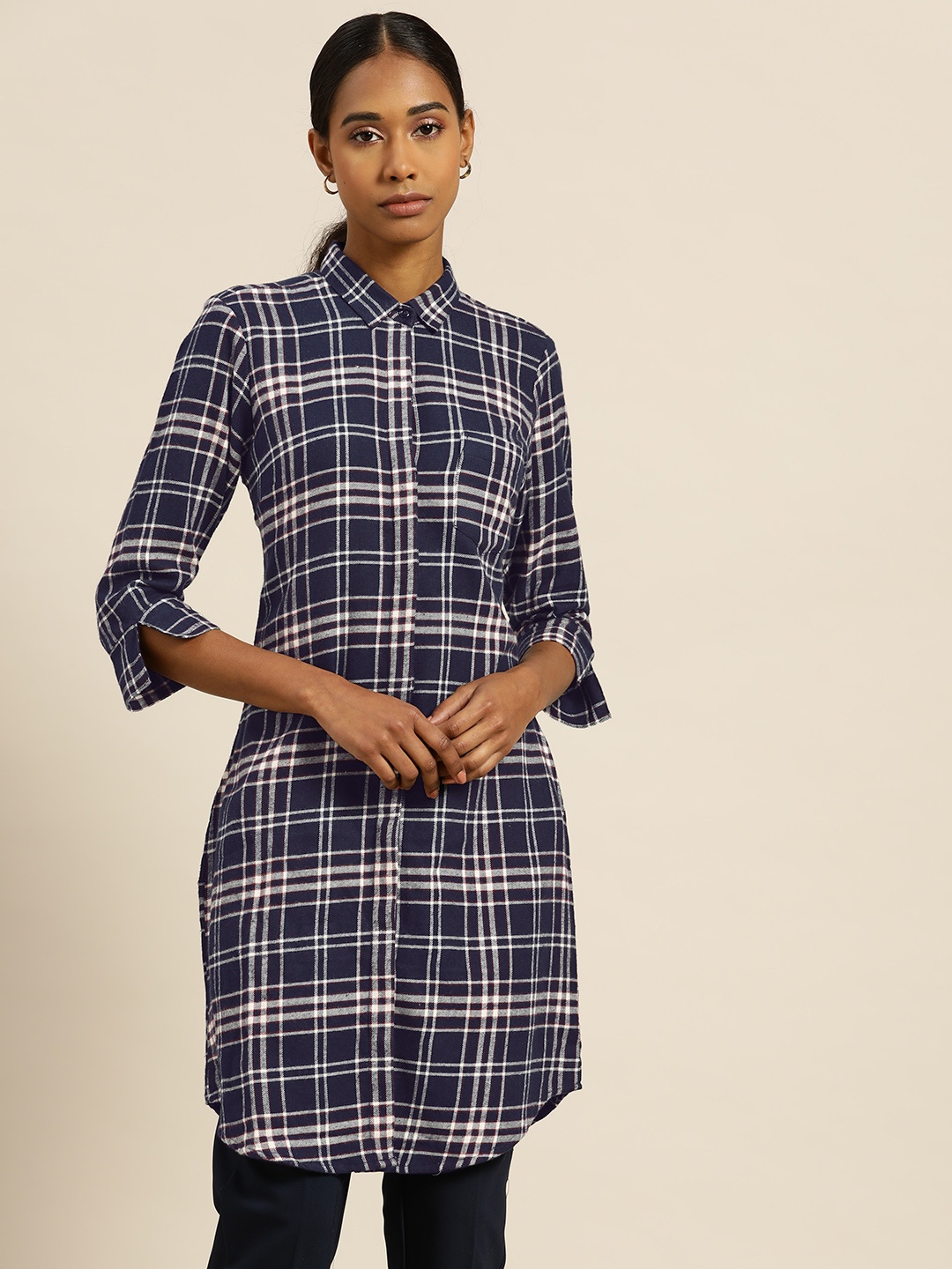

Hancock Women Navy Blue & White Pure Cotton Relaxed Fit Checked Casual Longline Shirt
