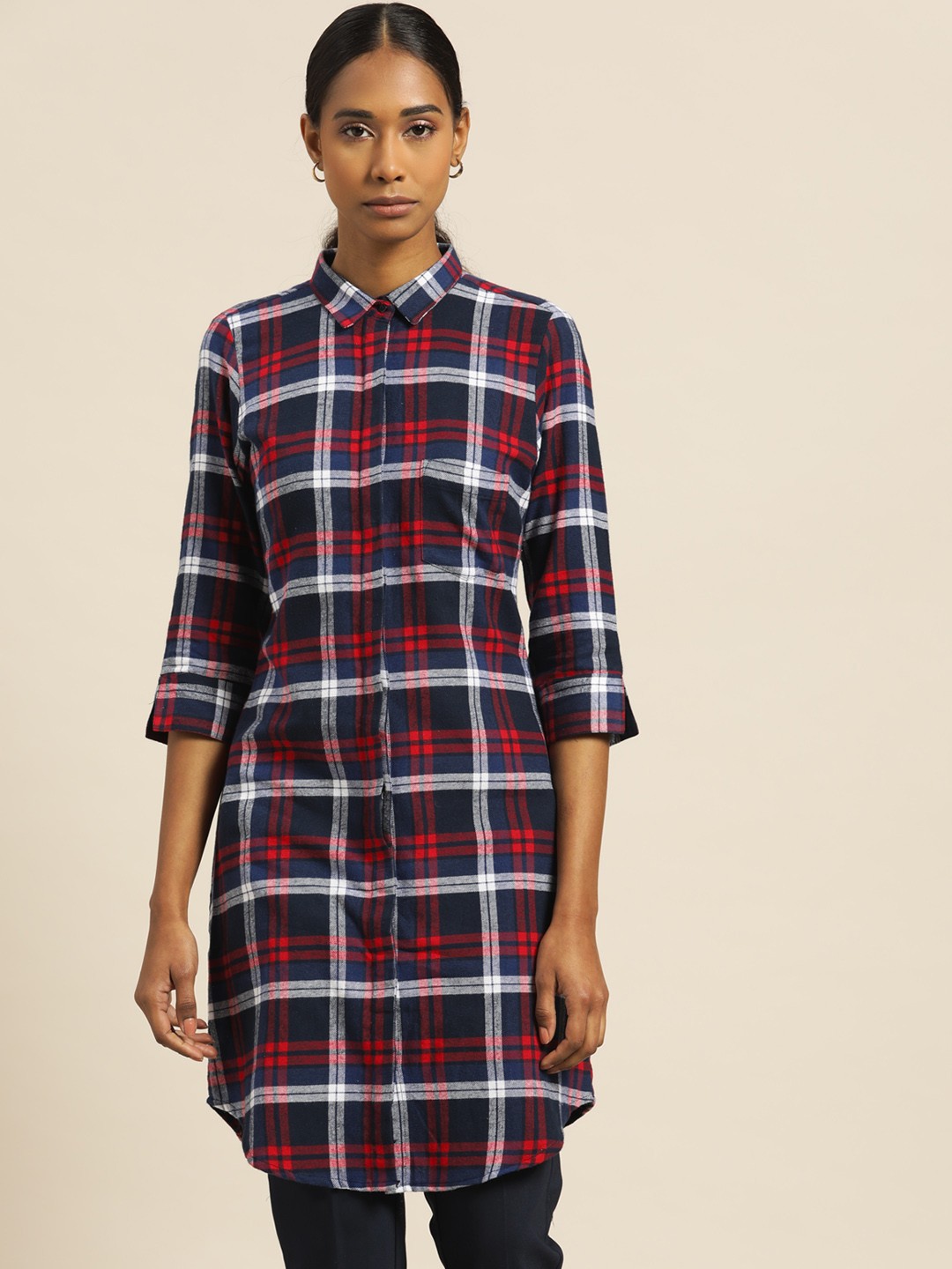 

Hancock Women Navy Blue & Red Pure Cotton Relaxed Fit Checked Casual Longline Shirt