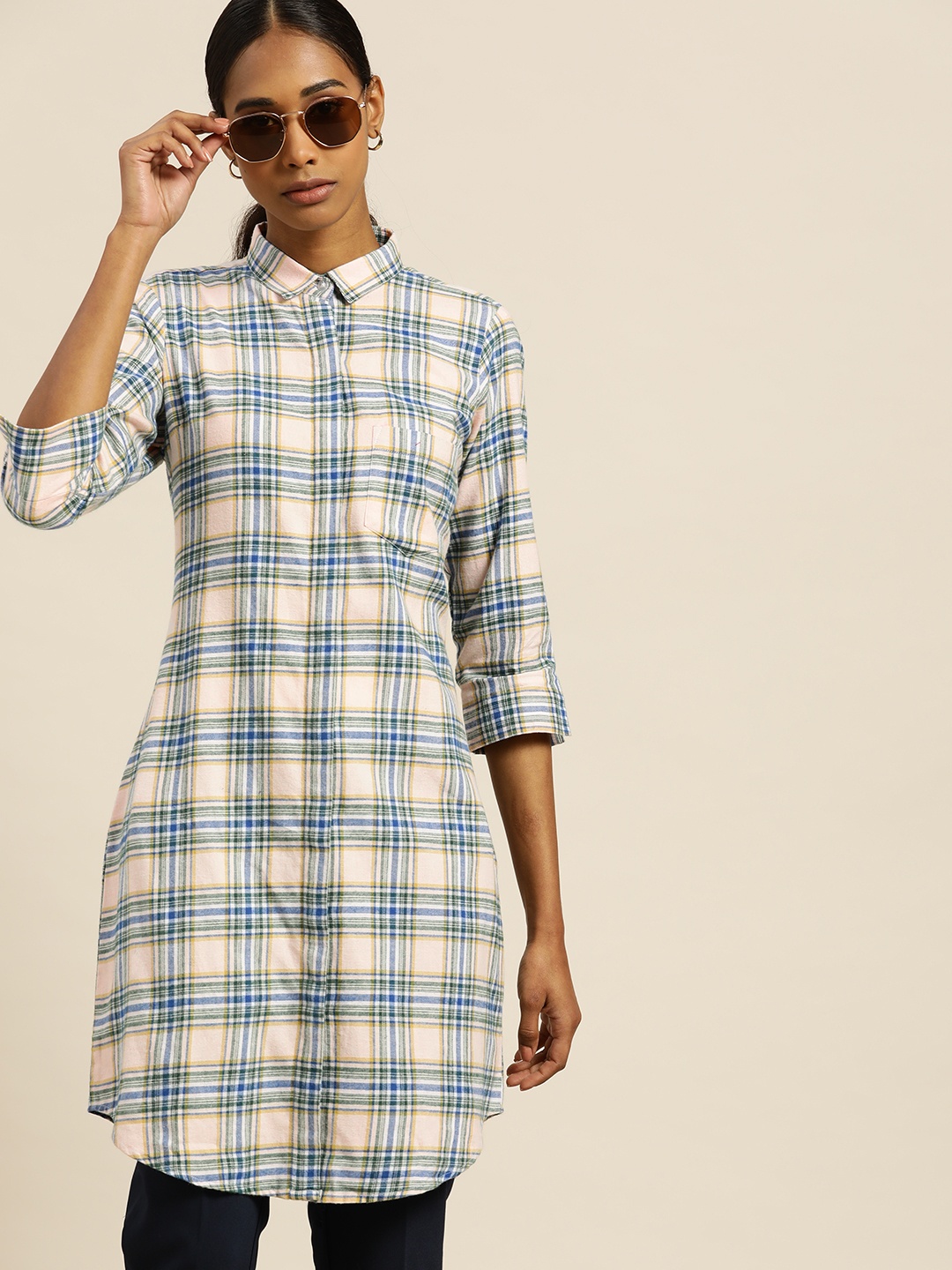 

Hancock Women Cream-Coloured & Blue Pure Cotton Relaxed Fit Checked Casual Longline Shirt