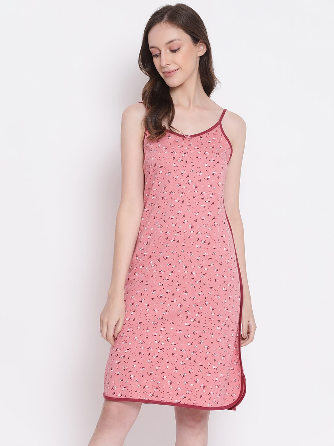 

Kanvin Women Pink Floral Printed Pure Cotton Knee Length Nightdress