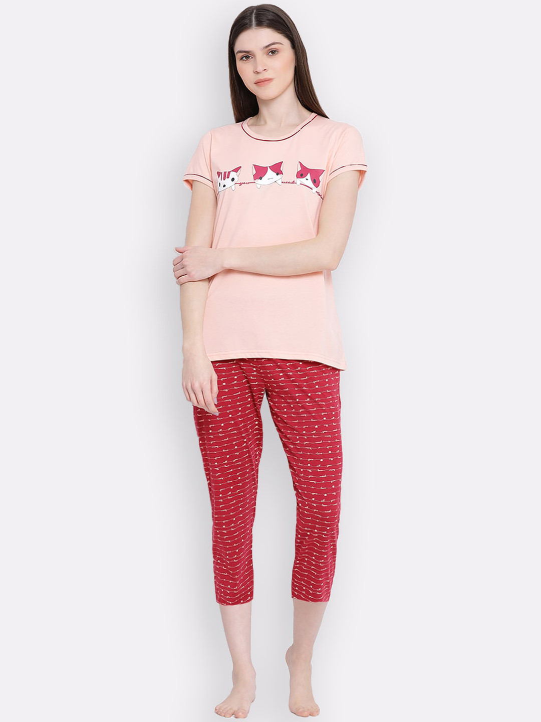 

Kanvin Women Peach & Red Pure Cotton Printed Short Sleeves Night suit