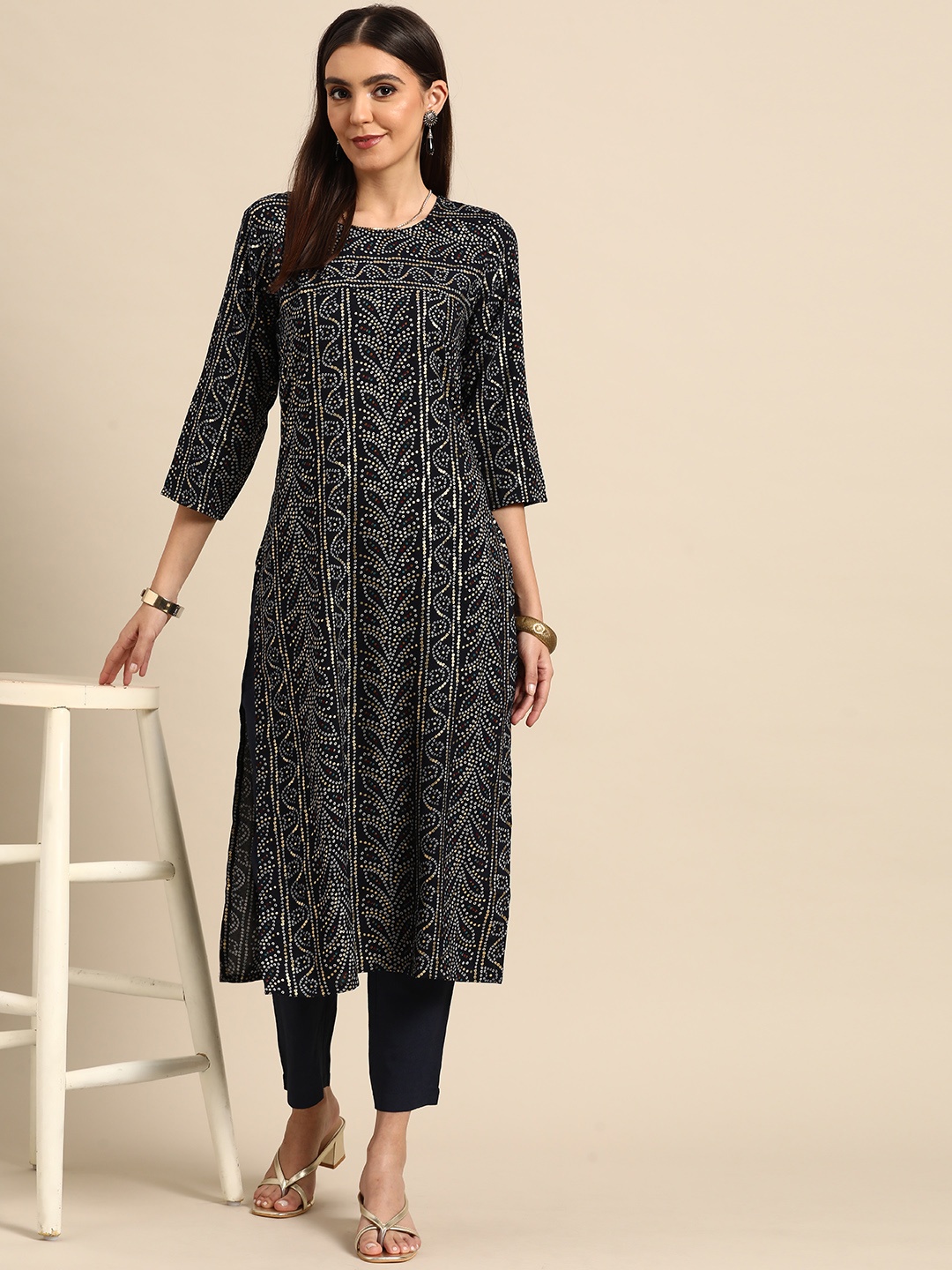 

Anouk Women Navy Blue Bandhani Printed Kurta