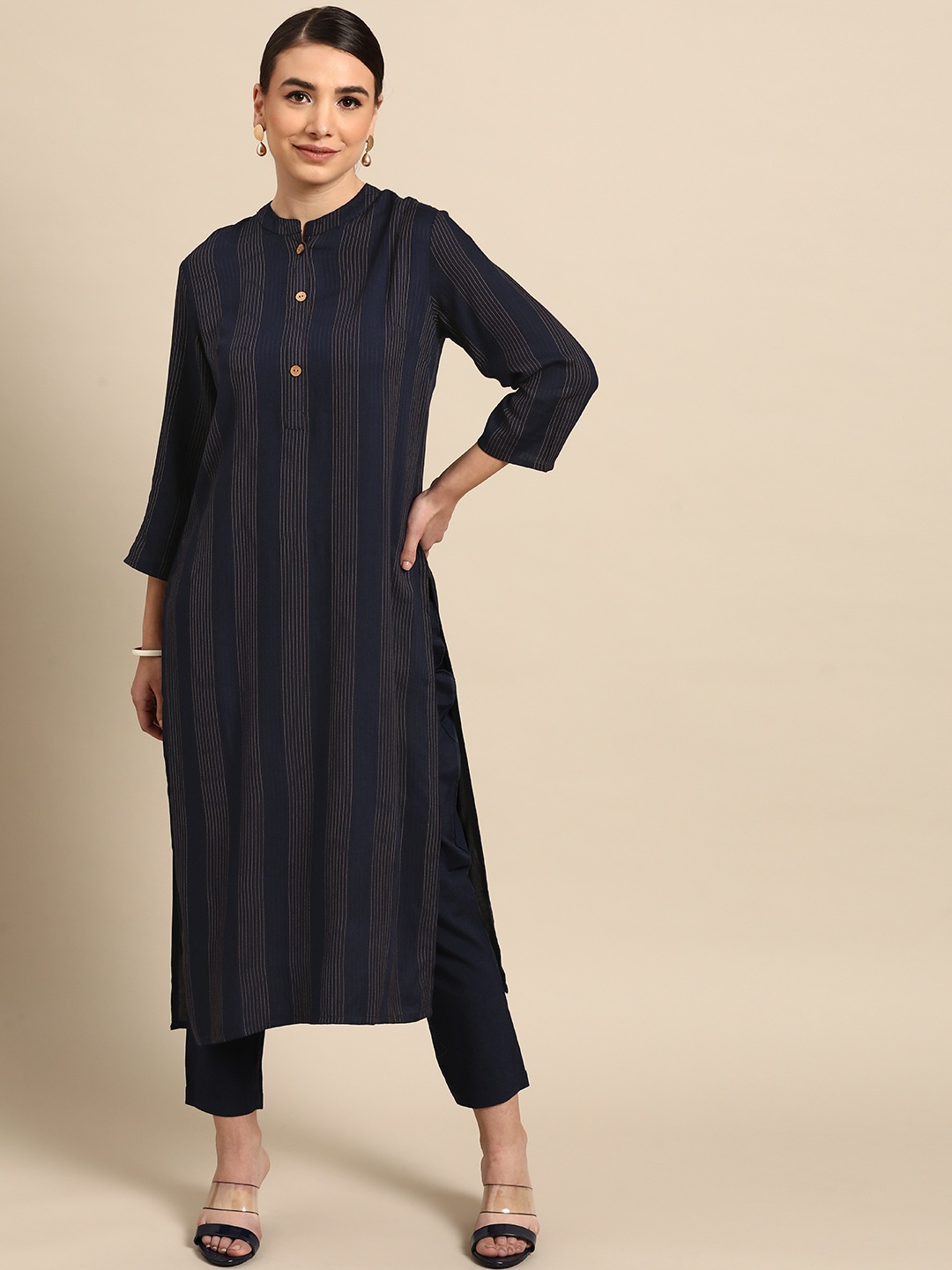 

Anouk Women Navy Blue Striped Kurta