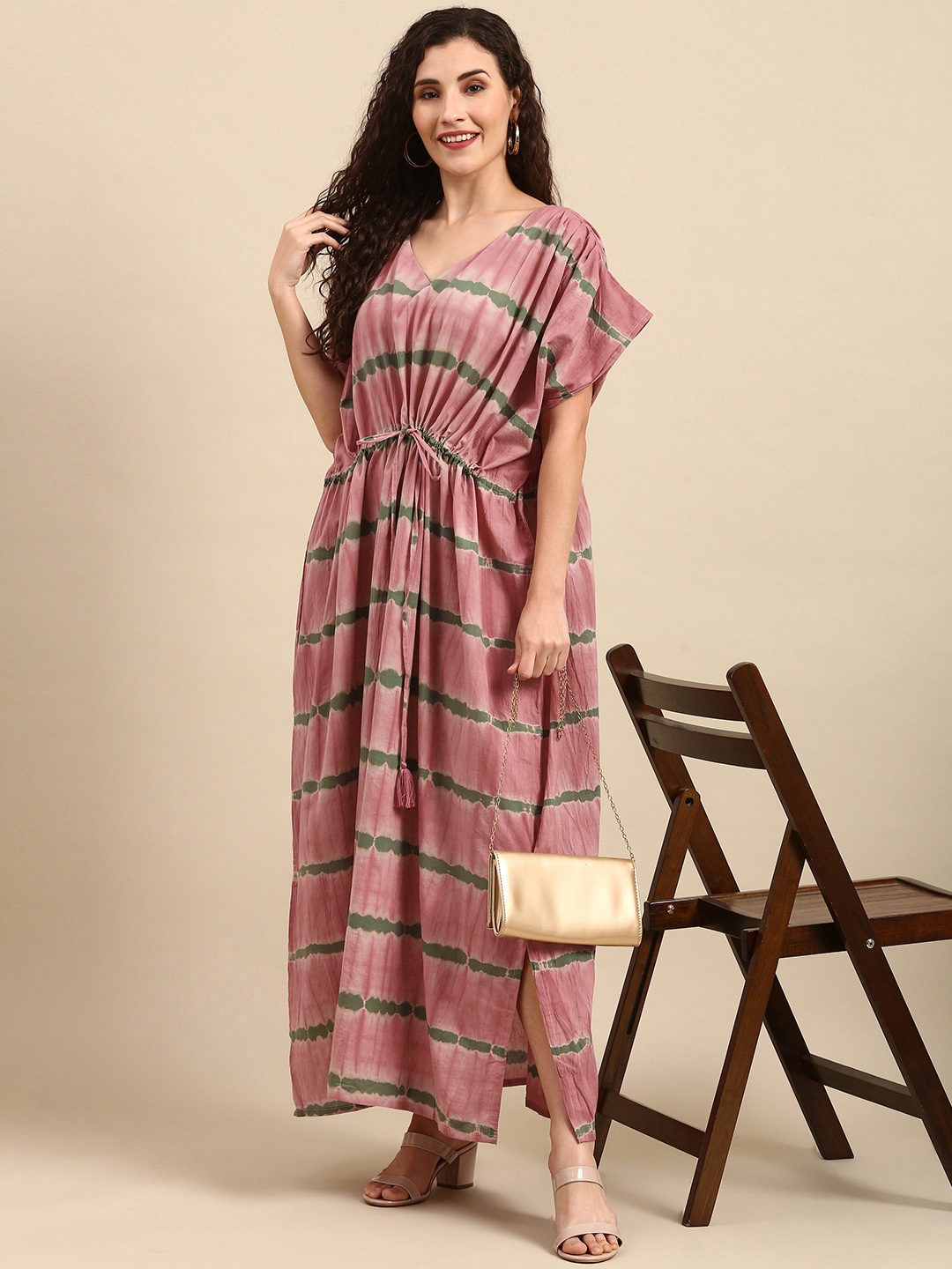 

Janasya Pink & Green Dyed Kaftan Maxi Dress