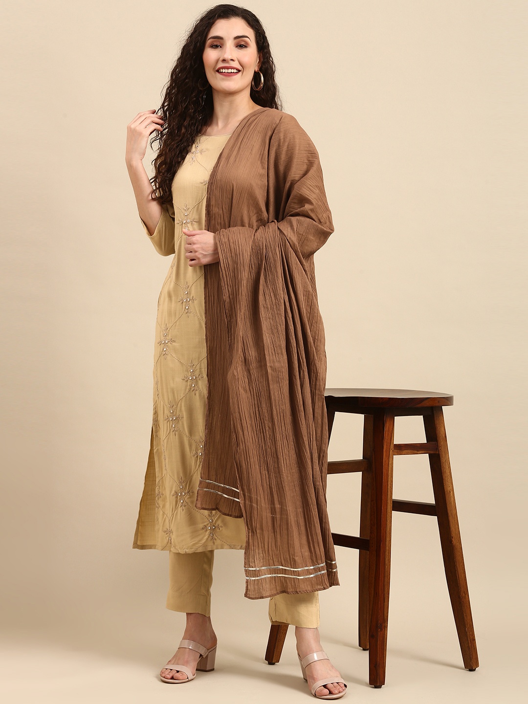 

Janasya Women Beige Ethnic Motifs Embroidered Kurta Set With Dupatta