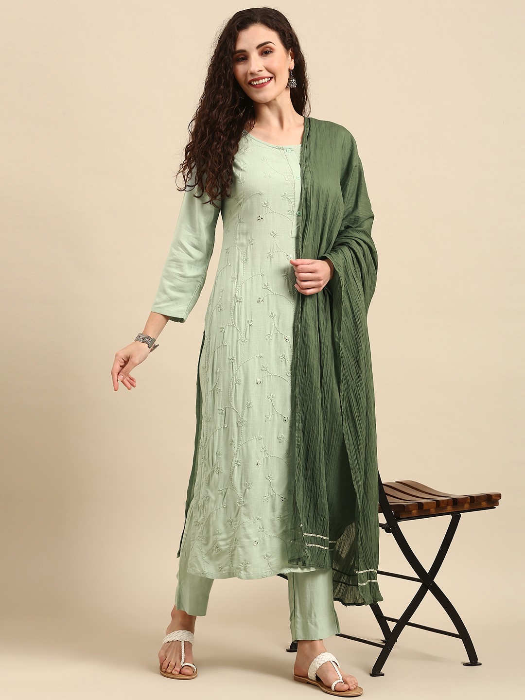 

Janasya Women Green Floral Embroidered Mirror Work Kurta Set With Dupatta
