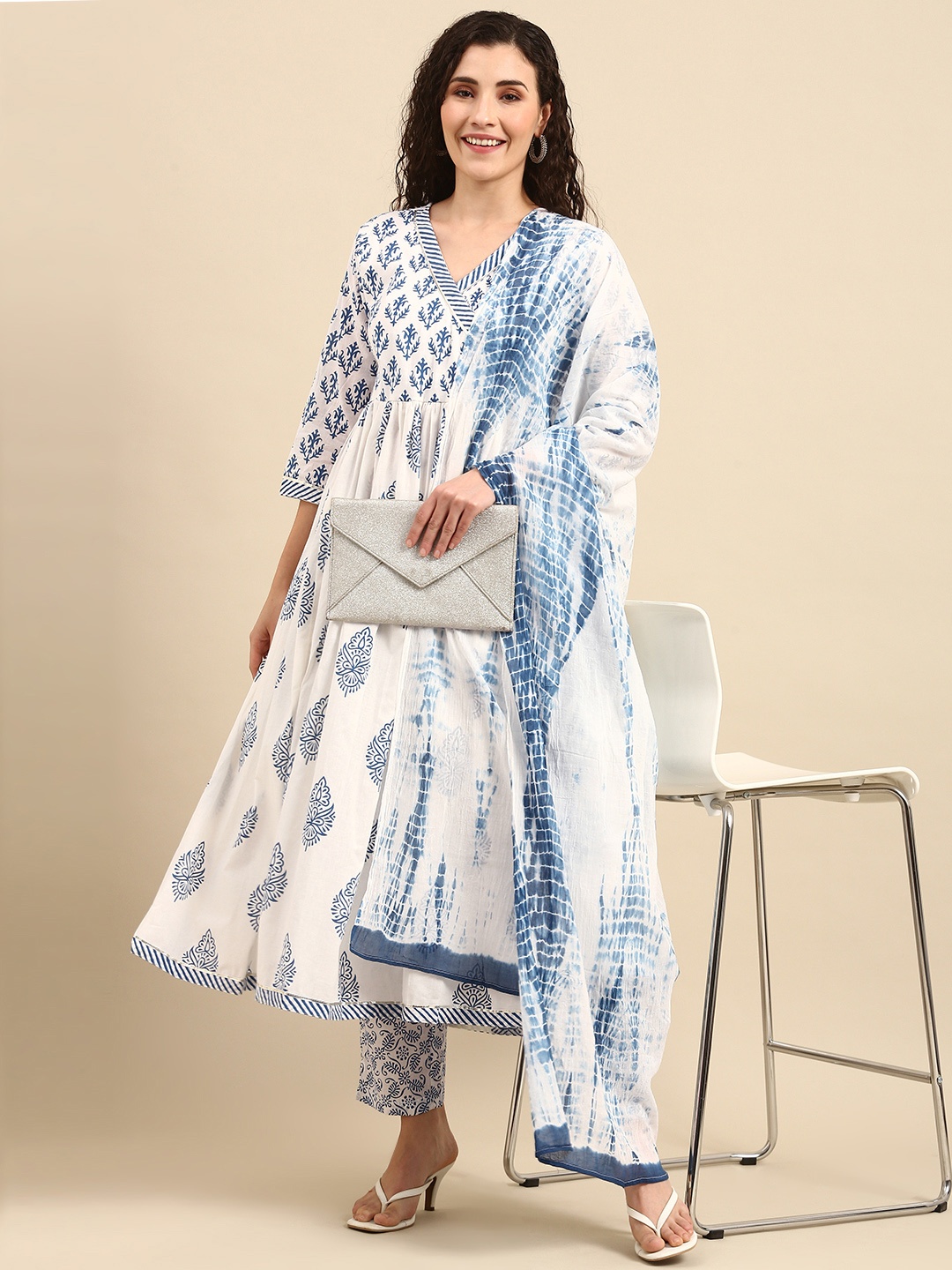 

Janasya Women White & Blue Pure Cotton Printed Gotta Patti Angrakha Kurta Set & Dupatta