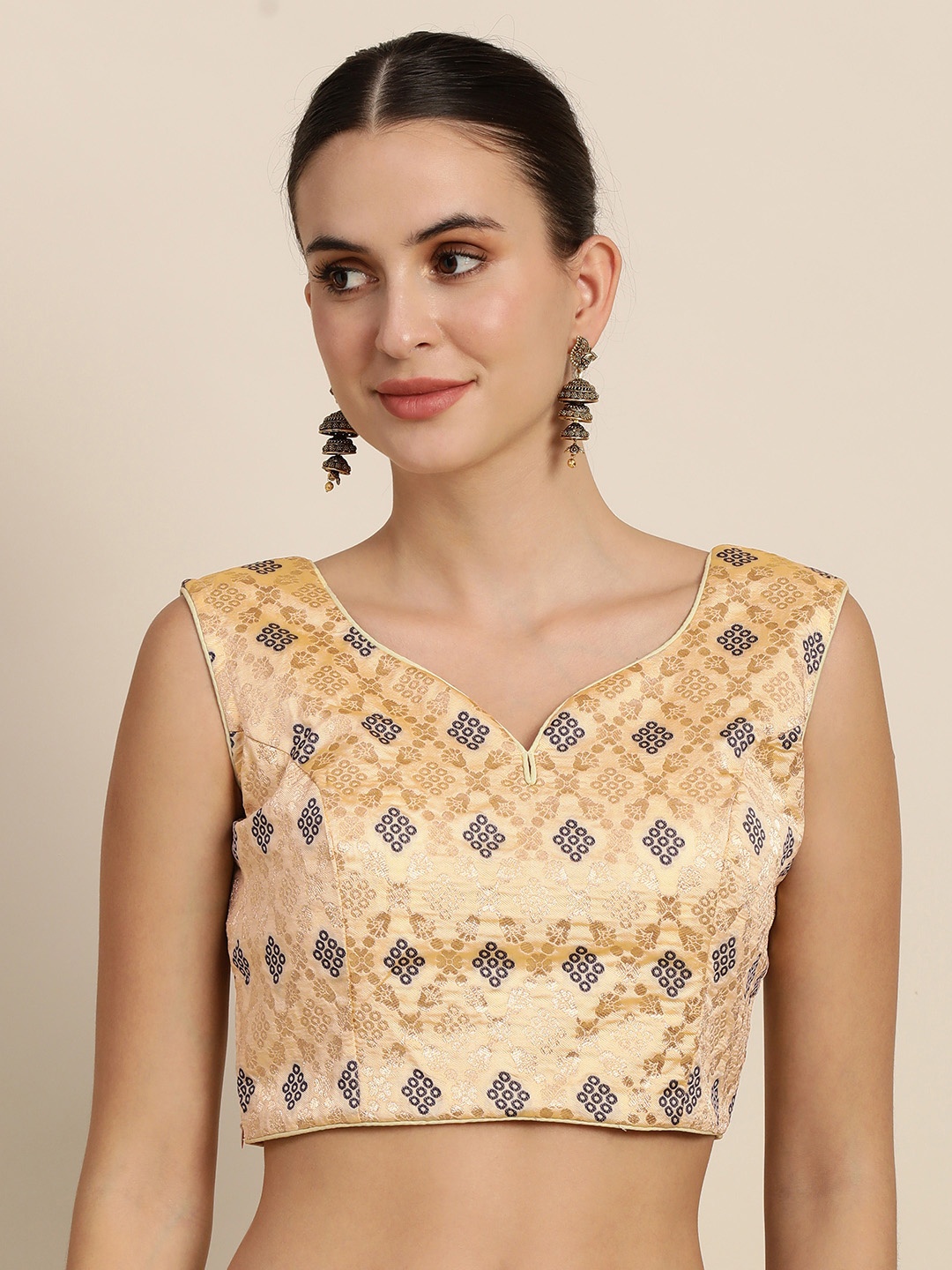

Mimosa Women Beige & Blue Woven Design Readymade Saree Blouse