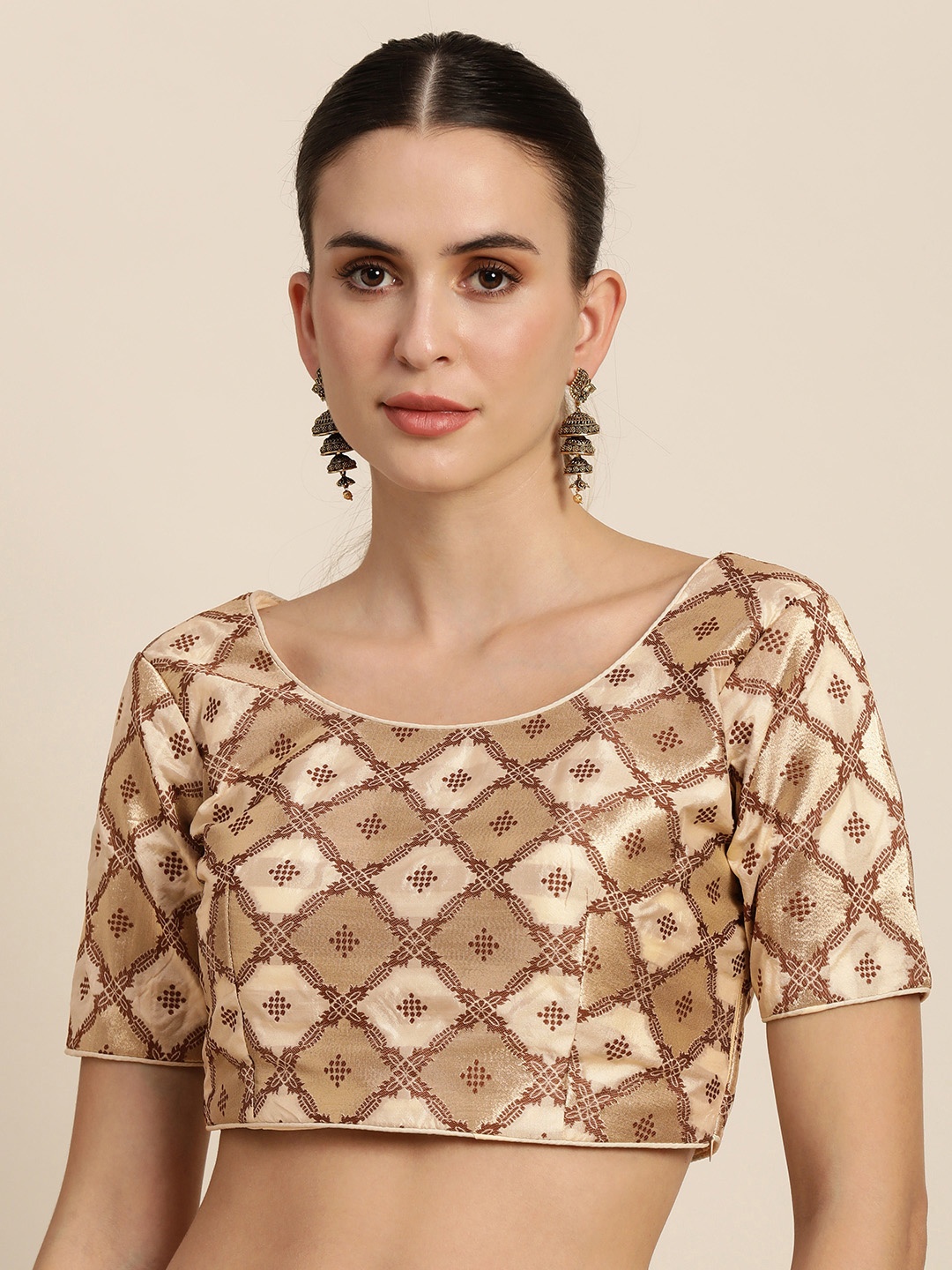 

Mimosa Women Beige & Brown Woven Design Readymade Saree Blouse
