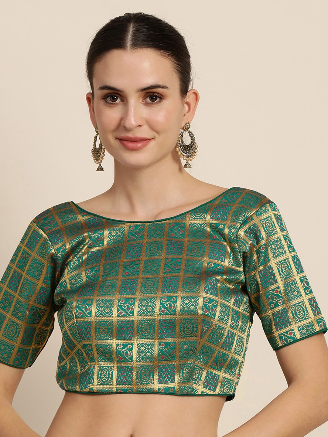 

Mimosa Women Teal Green & Golden Woven Design Readymade Saree Blouse
