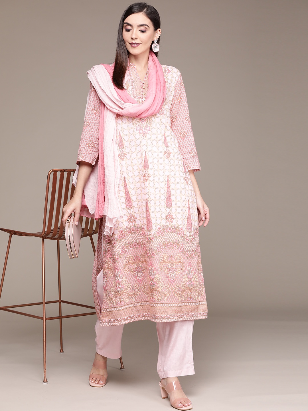 

aarke Ritu Kumar Women Pink Pure Cotton Motifs Printed Kurta with Palazzos & Dupatta