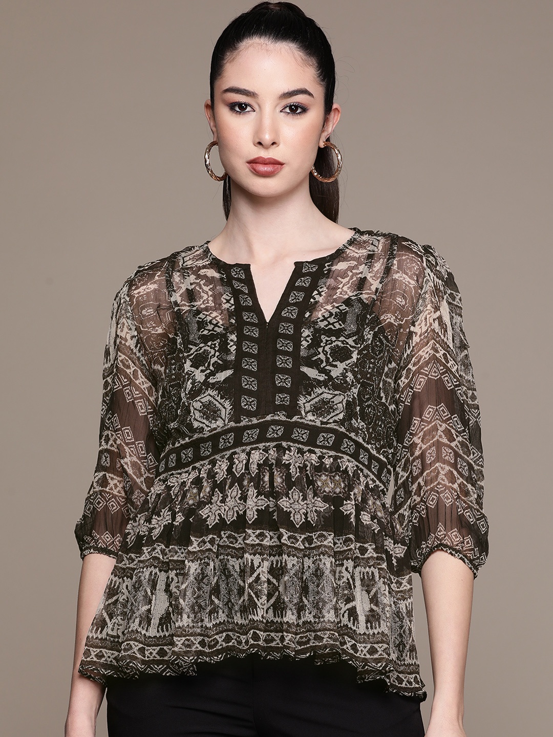 

Label Ritu Kumar Women Black Ethnic Motifs Printed Peplum Top with Camisole