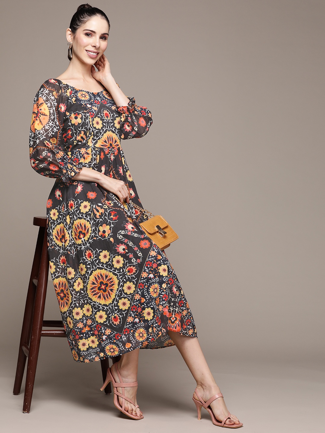 

Label Ritu Kumar Black & Green Floral A-Line Midi Dress