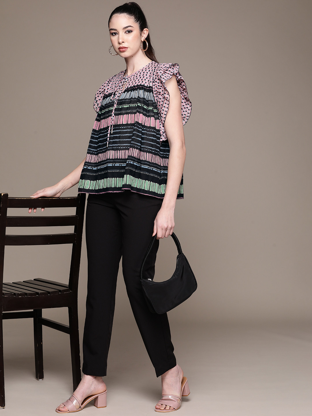 

Label Ritu Kumar Women Navy Blue & Rose Geometric Print Tie-Up Neck Georgette Top