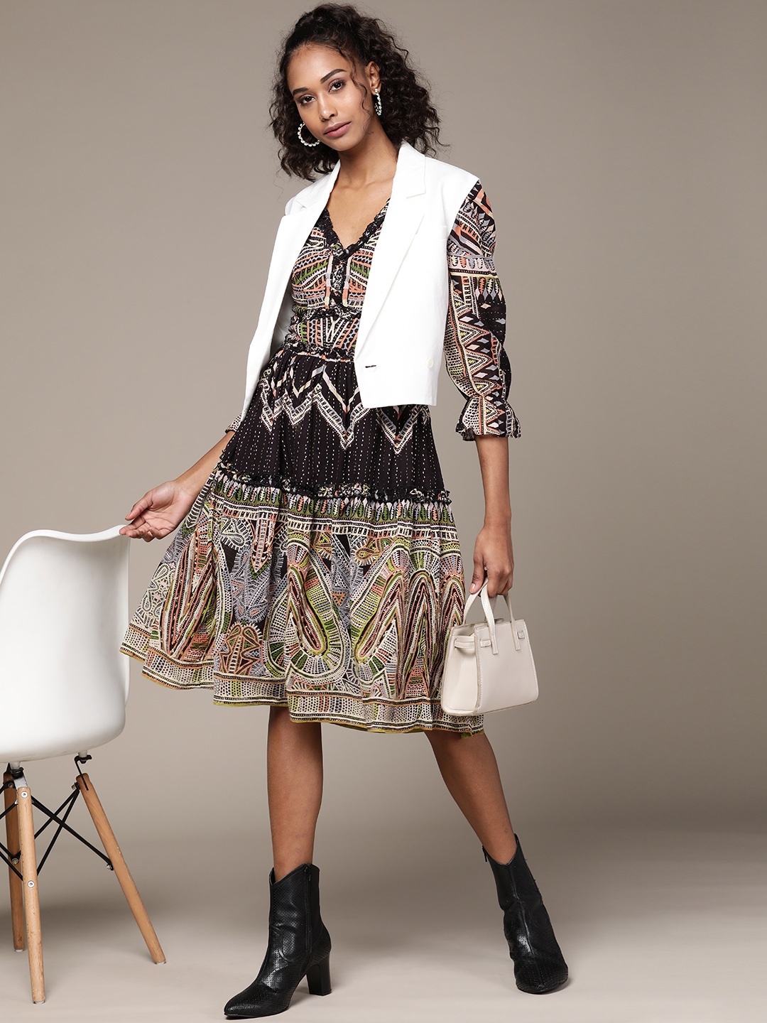 

Label Ritu Kumar Black & Green Ethnic Motifs Printed Ruffle A-Line Dress
