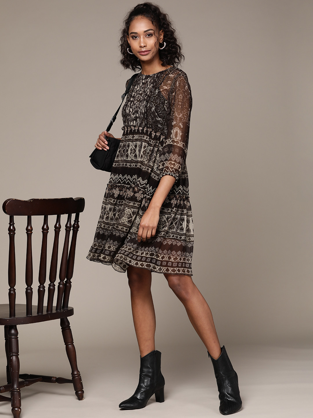 

Label Ritu Kumar Women Black Ethnic Motifs Printed A-Line Dress with Camisole