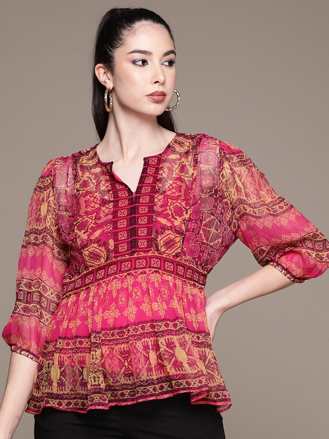 

Label Ritu Kumar Women Fuchsia Ethnic Motifs Printed Peplum Top with Camisole