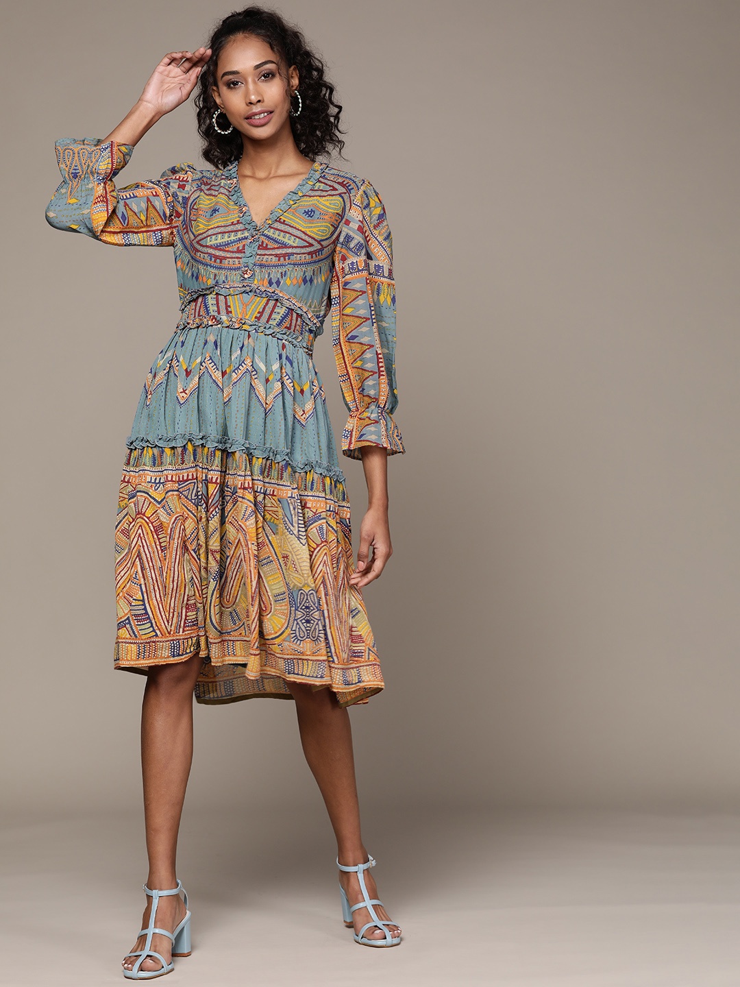 

Label Ritu Kumar Women Blue & Mustard Yellow Ethnic Motifs Printed Ruffle A-Line Dress