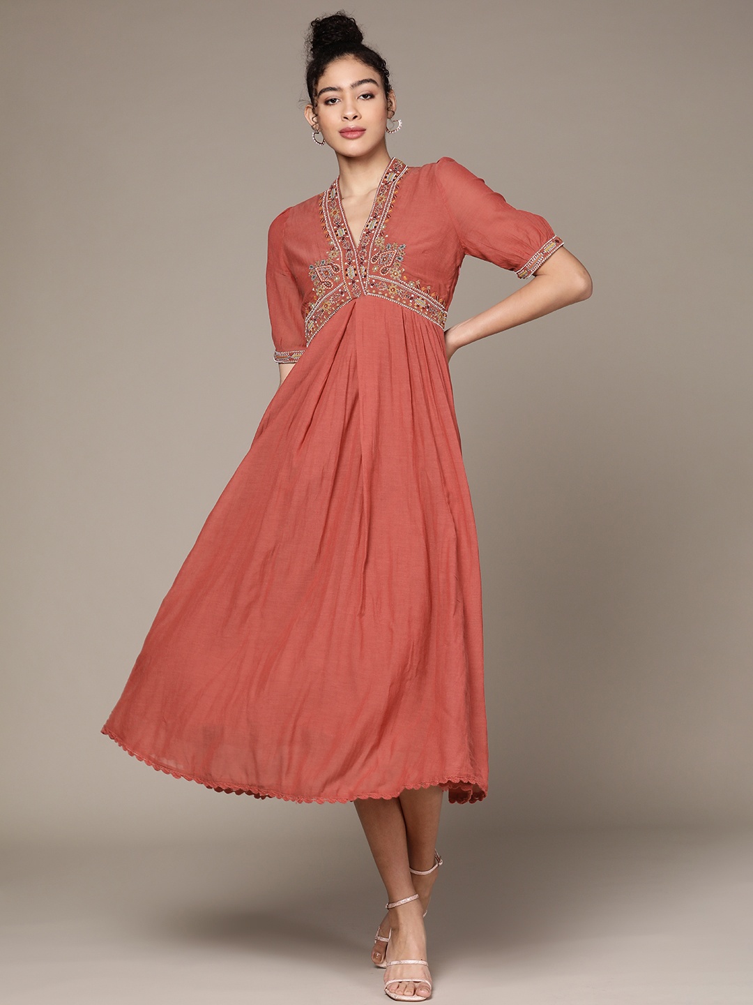 

Ritu Kumar Women Rust Red Ethnic Motifs Embroidered Ethnic A-Line Midi Dress
