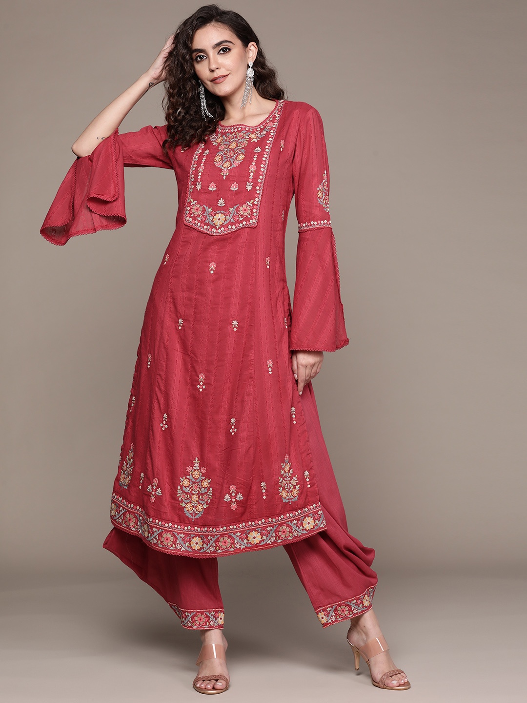 

Ritu Kumar Women Red Ethnic Motifs Embroidered Pure Cotton Kurta with Salwar