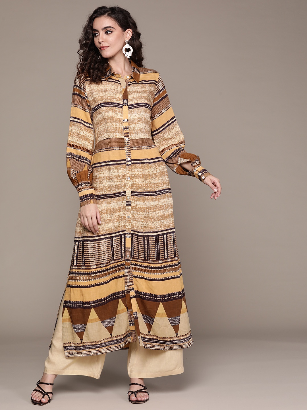 

Ritu Kumar Women Beige Striped Kurta with Palazzos