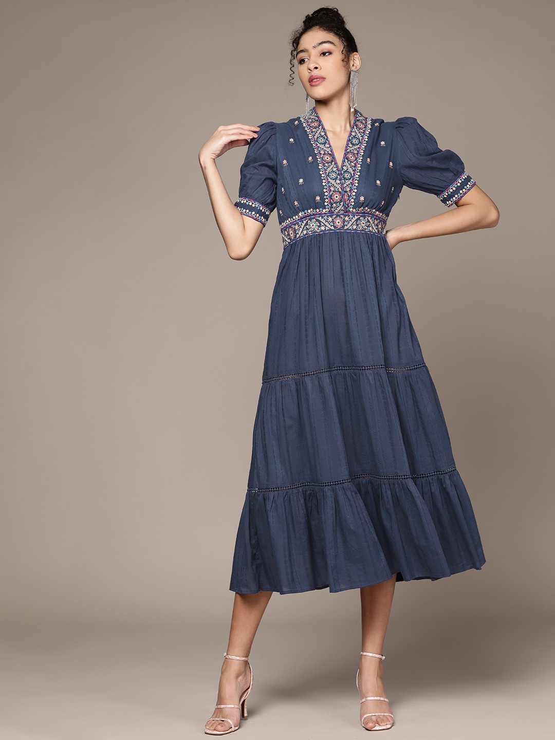 

Ritu Kumar Women Blue Ethnic Motifs Embroidered Ethnic Tiered A-Line Midi Dress