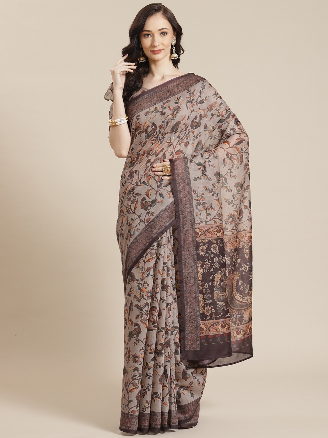 

Mitera Grey & Brown Ethnic Motifs Silk Blend Chanderi Saree