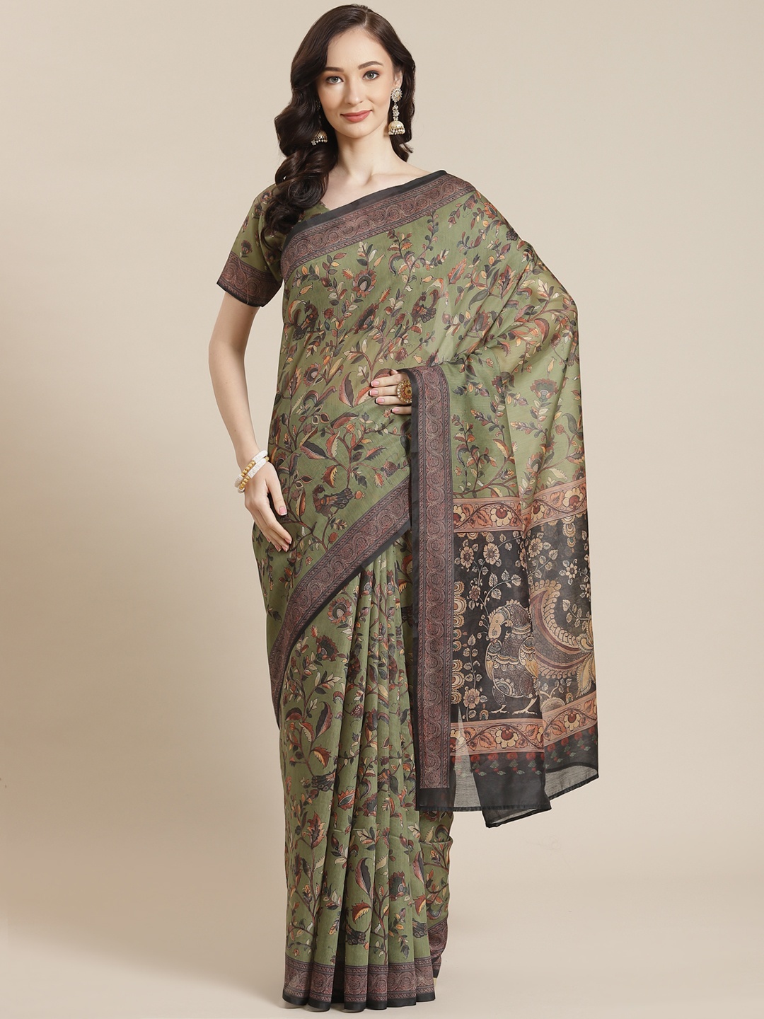 

Mitera Green & Brown Ethnic Motifs Silk Blend Chanderi Saree