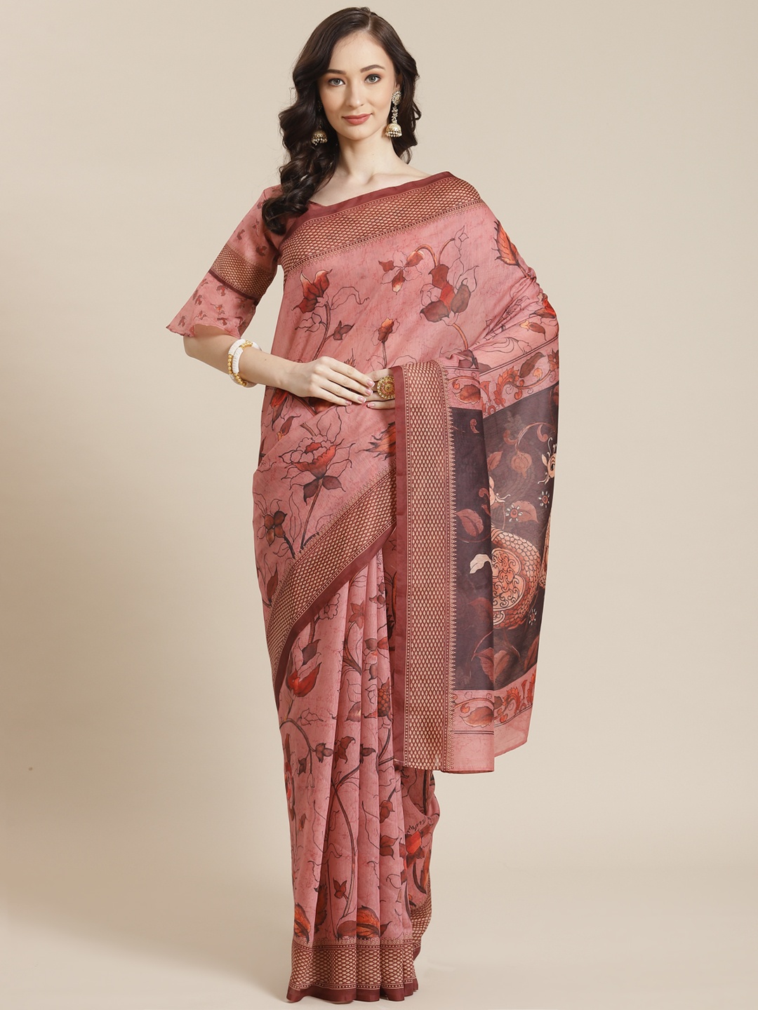 

Mitera Pink Ethnic Motifs Silk Blend Chanderi Saree