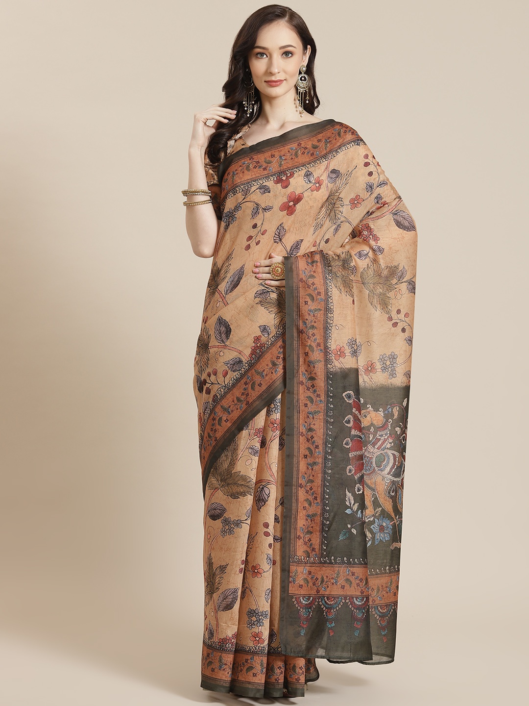 

Mitera Women Beige & Green Ethnic Motifs Saree