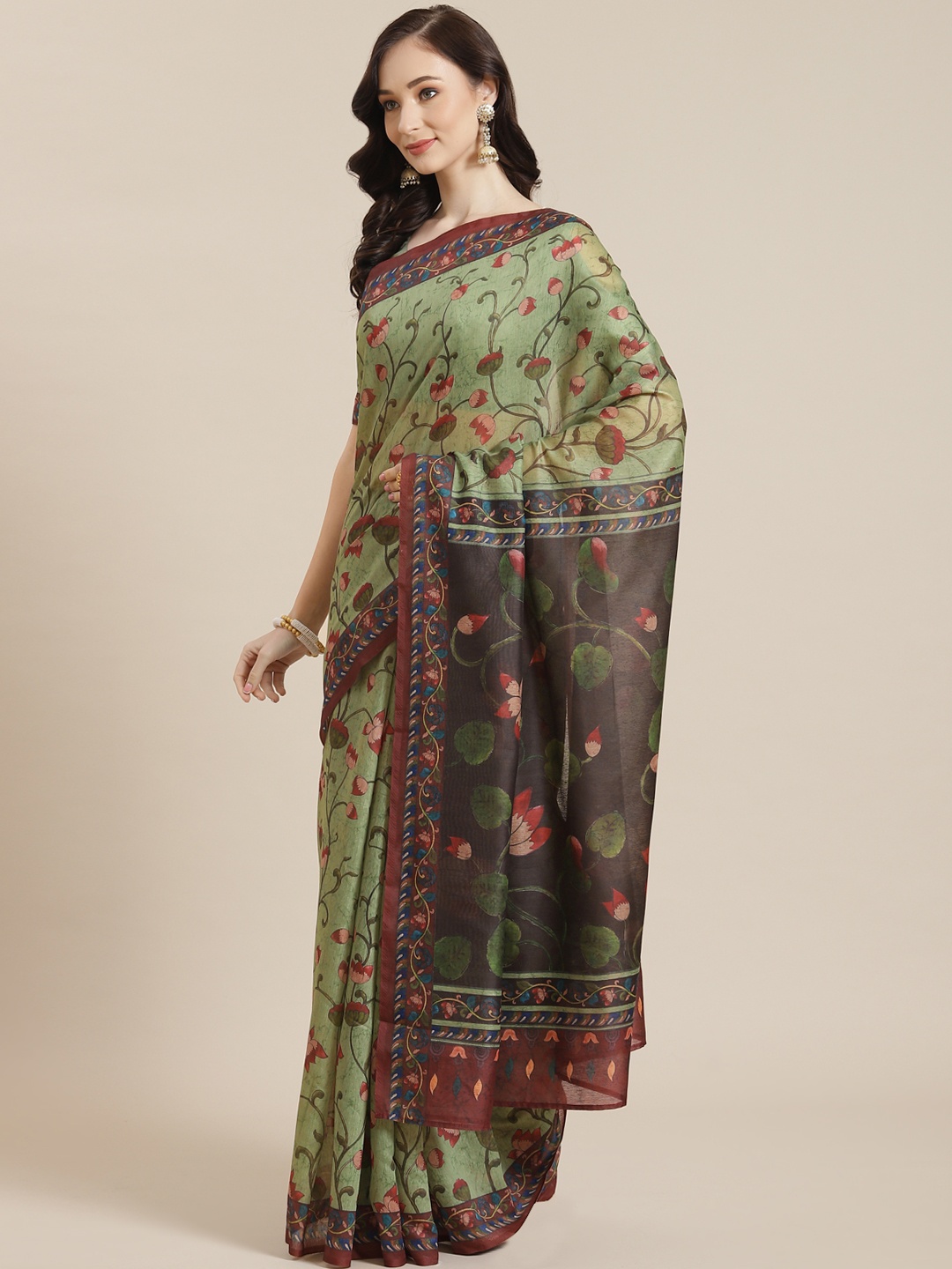 

Mitera Green Ethnic Motifs Silk Blend Chanderi Saree