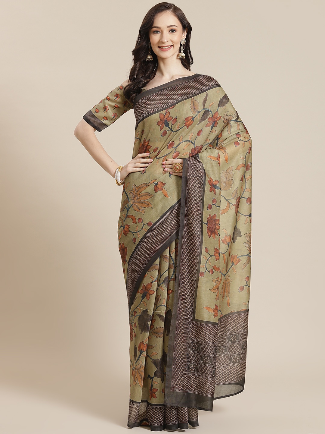 

Mitera Women Olive Green & Orange Floral Saree