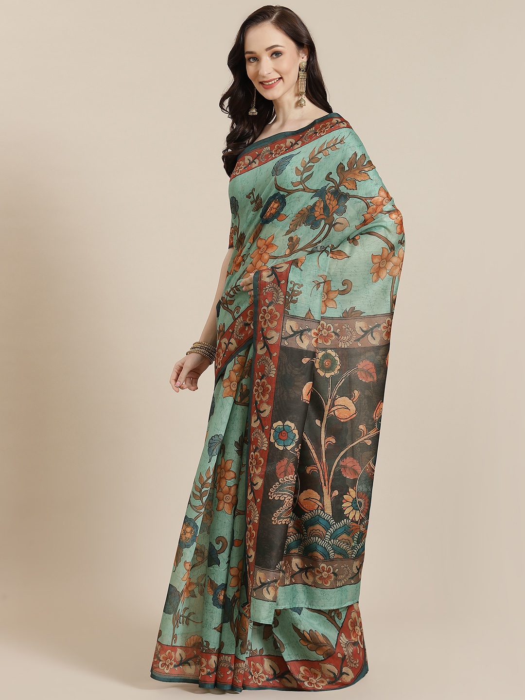 

Mitera Women Green & Orange Floral Saree