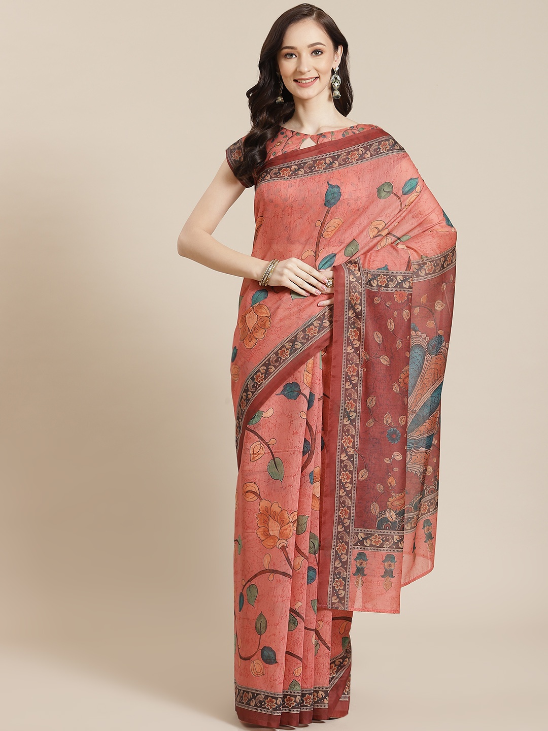 

Mitera Women Pink & Green Floral Saree