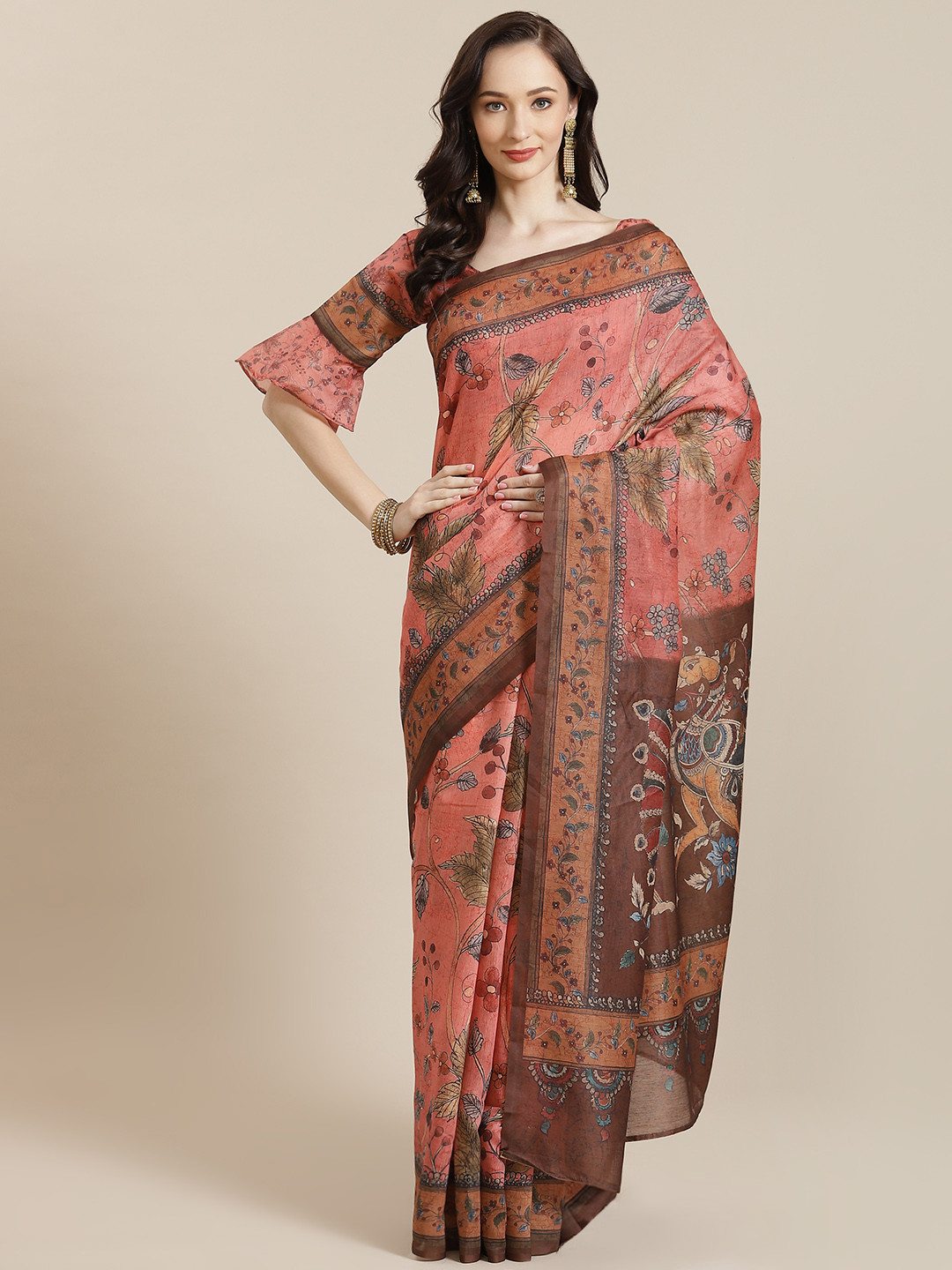 

Mitera Women Pink & Brown Floral Saree