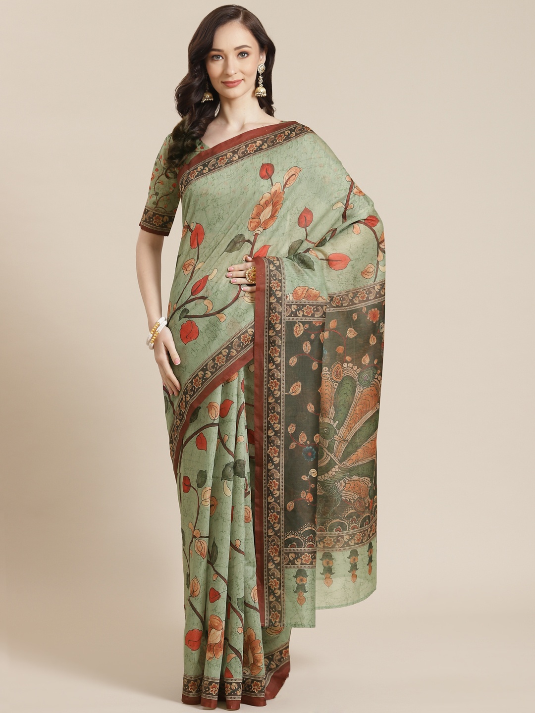 

Mitera Women Green & Red Floral Saree