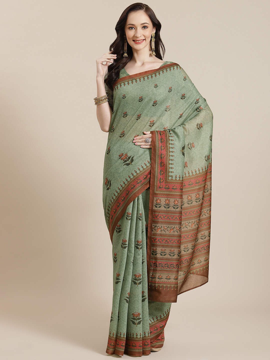 

Mitera Women Green & Orange Floral Saree