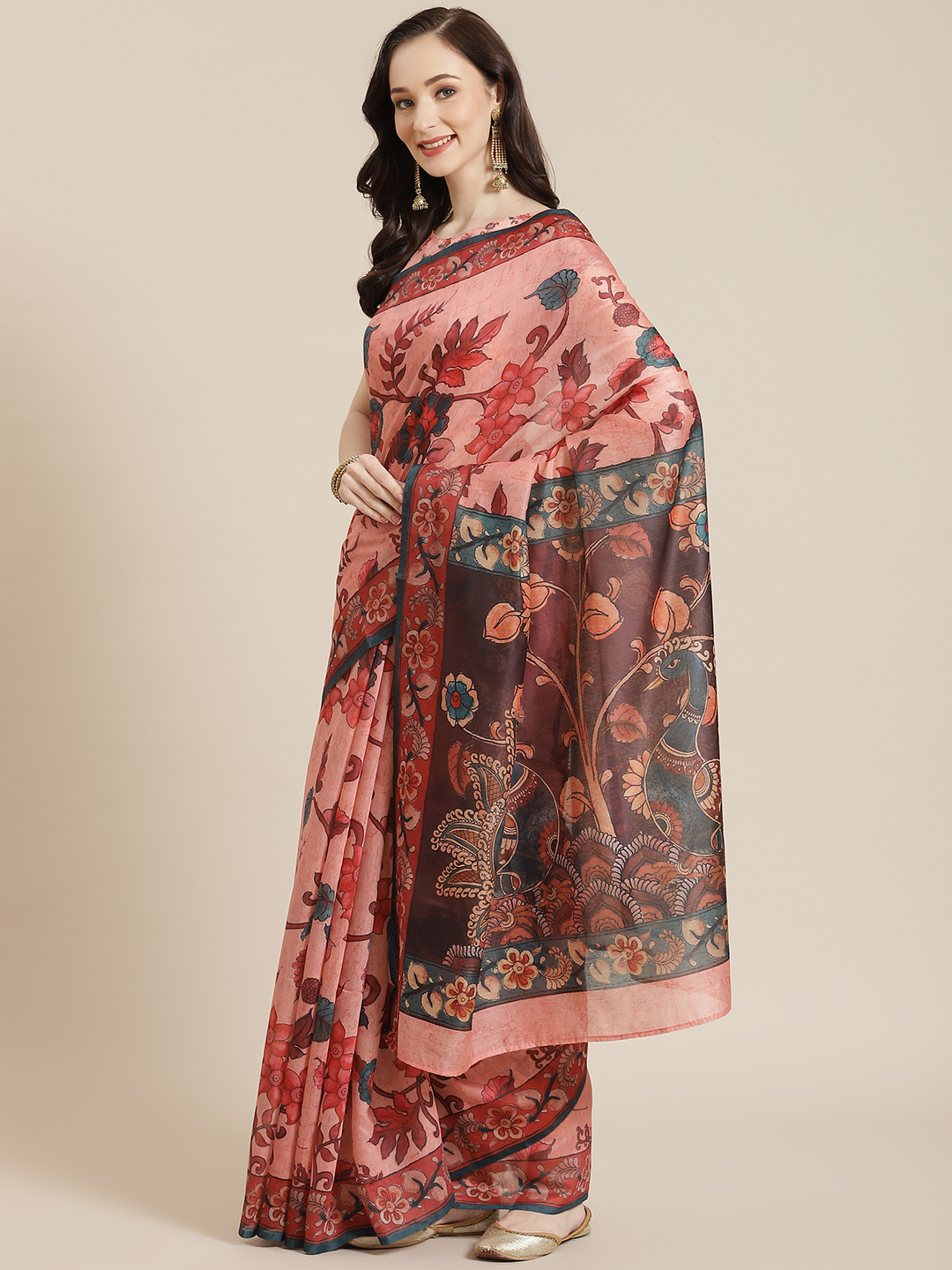 

Mitera Women Pink & Green Floral Saree