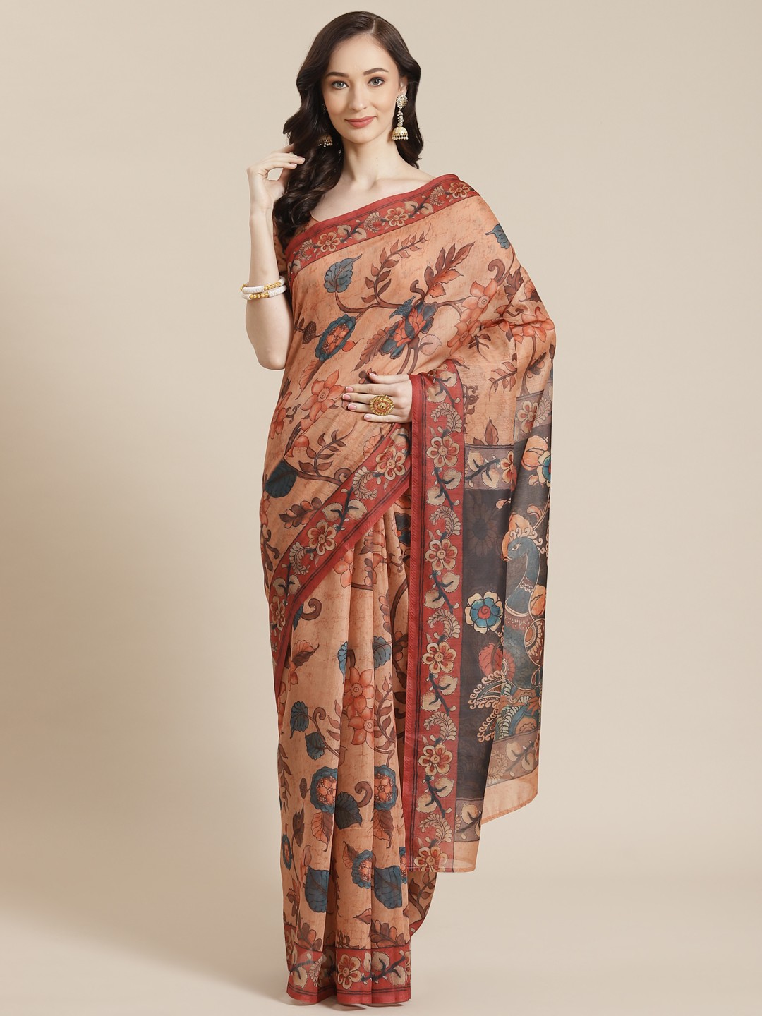 

Mitera Women Orange & Green Floral Saree