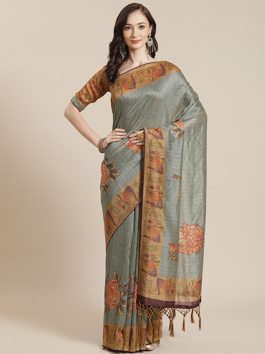 

Mitera Women Grey & Orange Floral Saree