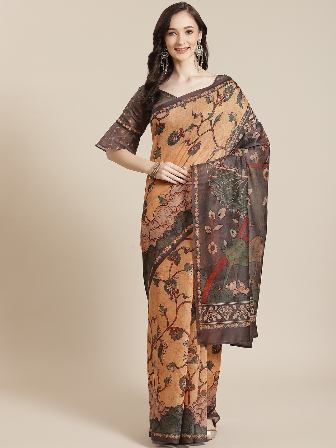

Mitera Women Orange & Green Floral Saree