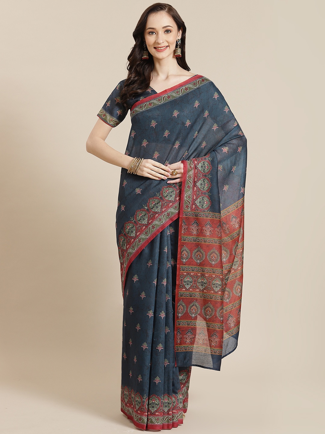 

Mitera Navy Blue Ethnic Motifs Silk Blend Chanderi Saree