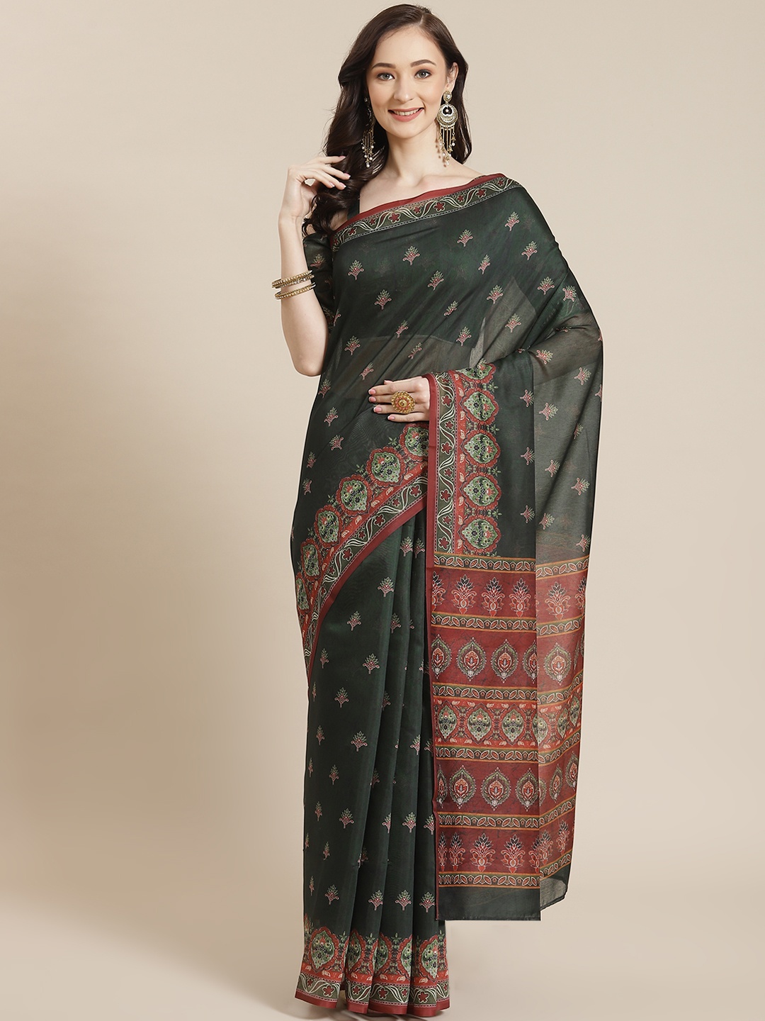 

Mitera Green Ethnic Motifs Silk Blend Chanderi Saree