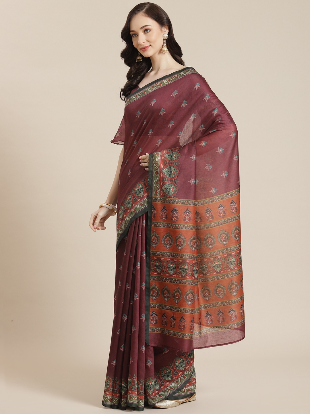 

Mitera Burgundy Ethnic Motifs Silk Blend Chanderi Saree