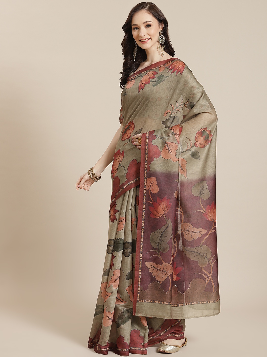 

Mitera Olive Green Floral Silk Blend Chanderi Saree