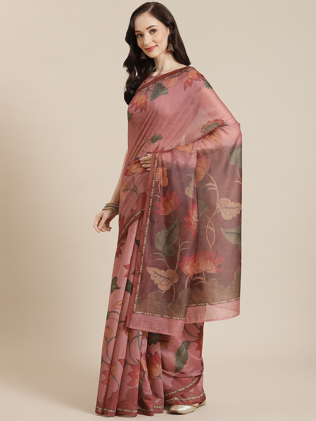 

Mitera Pink Floral Silk Blend Chanderi Saree
