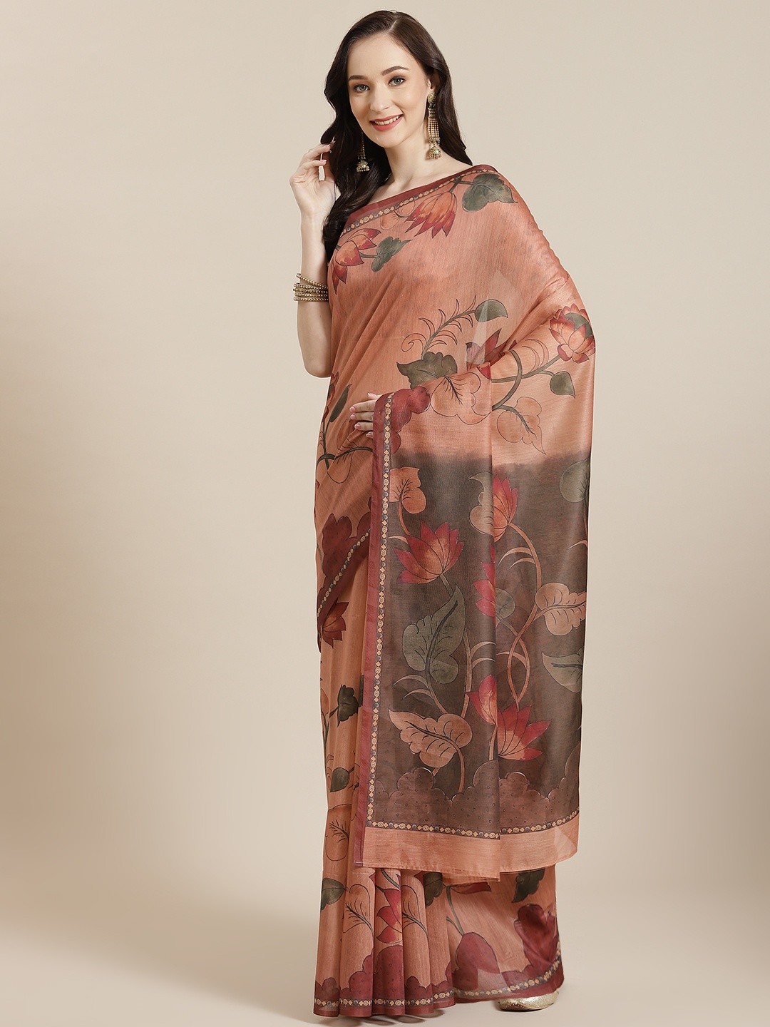 

Mitera Peach-Coloured Floral Silk Blend Chanderi Saree