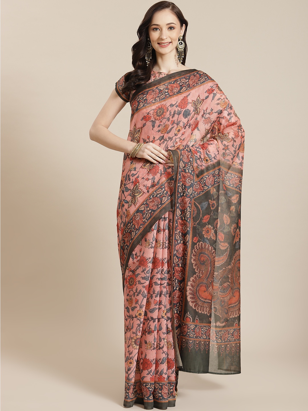 

Mitera Women Pink & Green Ethnic Motifs Saree