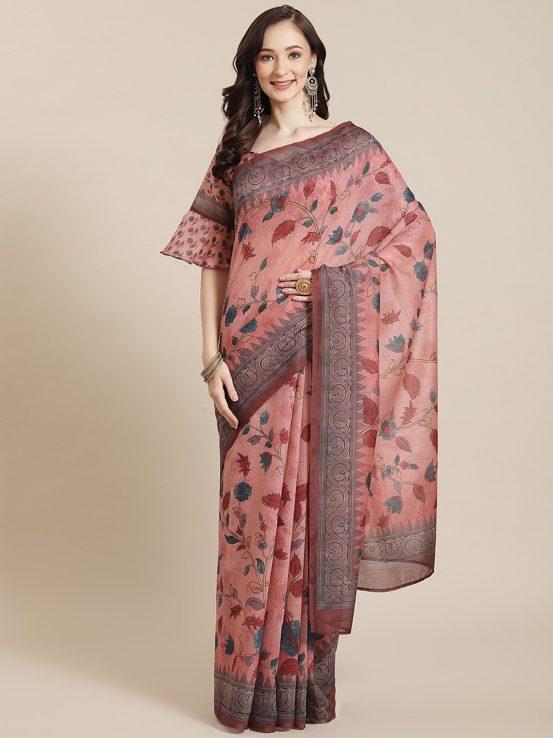 

Mitera Women Pink & Red Floral Saree