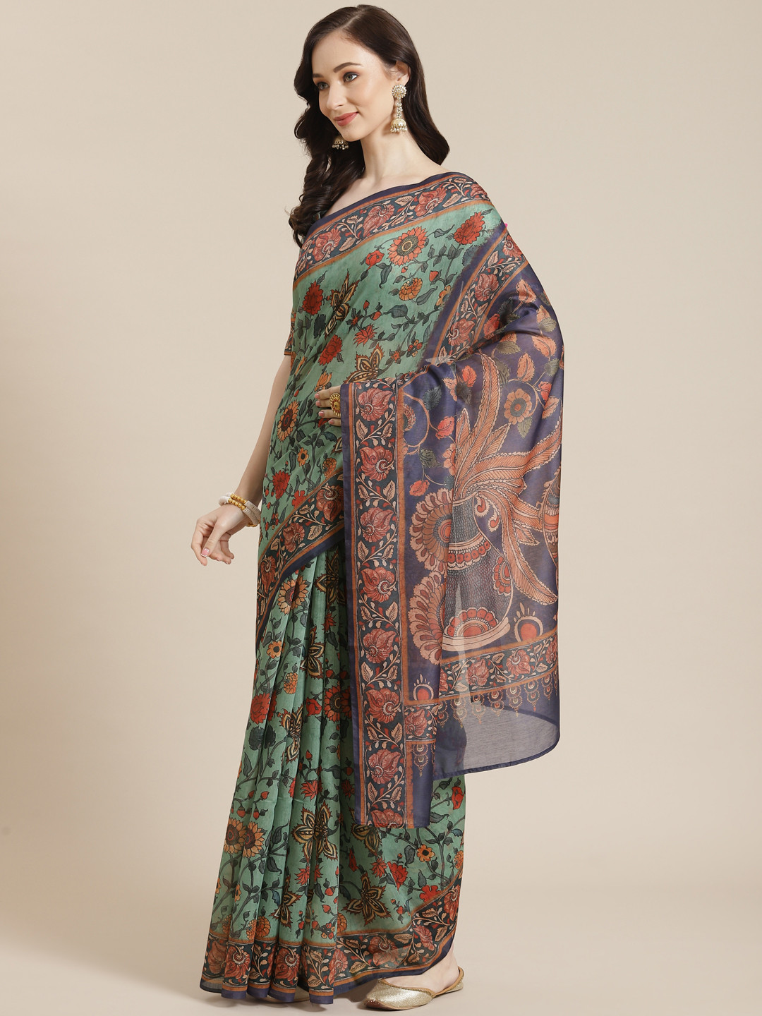 

Mitera Women Green & Blue Floral Saree